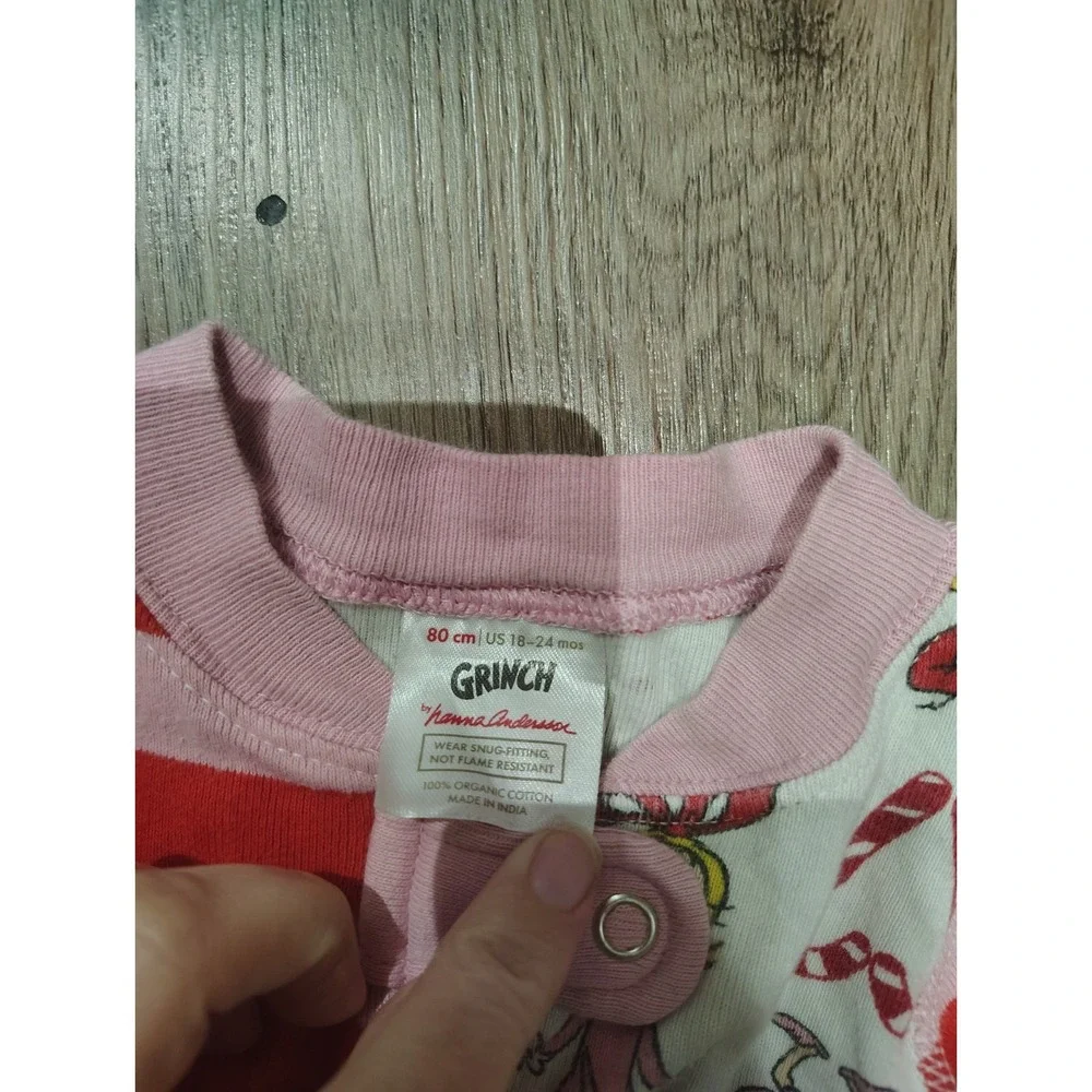 Hanna Andersson Grinch Pajamas 18-24M  Organic Cotton Pink Candy Cane One Piece